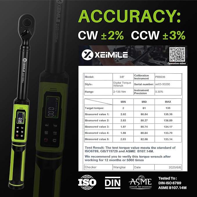 Digital Torque Wrench 3/8"Drive-1.5-99.6Ft.Lb/2.02-135N.m,Electric Torque Wrench With Vibration Buzzer LED Indicator,±2% Accuracy Five Units for Bike Motorcycle Car Auto Repair,DIY,Green Black