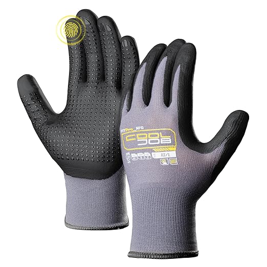 COOLJOB 3/12/36 Pairs Nitrile Rubber Dipped Safety Work Gloves with Grip Dots, Seamless Knit Nylon Gloves with 2 Fingers Touchscreen, Non-slip Coated for Warehouse, Home Improvement, Yard, Grey Large