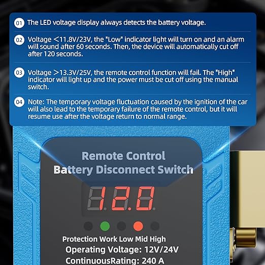 240A Kill Switch 12V Remote Battery Disconnect Switch with Led Voltage Display Automatic Power Shut Off Switch Anti Theft for Auto Car Truck Boat
