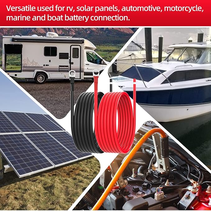 10 AWG Battery Cables 10 Gauge Solar Panel Wire Tinned Copper Extension Cable with 5/16'' Lugs for RV Solar Panel Car Automotive (10AWG 10FT)