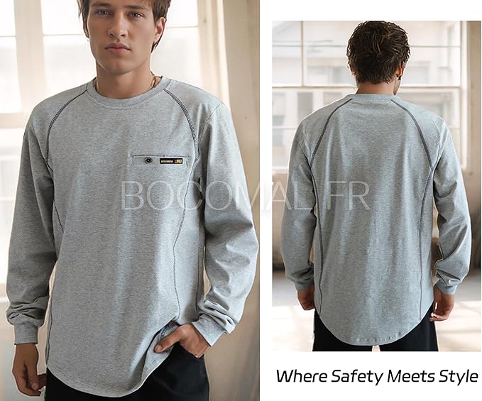 BOCOMAL FR Shirts for Men Melt Pocket Lightweight Crew T-Shirt NFPA2112/CAT2 Fire Resistant Work Shirt
