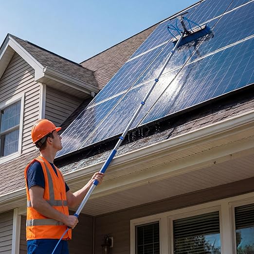 VEVOR Solar Panel Cleaning Kit, 15 ft, Water Fed Pole Kit with Cleaning Brush, Squeegee, Soap Dispenser, Extendable Aluminum Telescopic Pole, 180° Rotatable Brush Head, for Roof Mounted Solar Panels