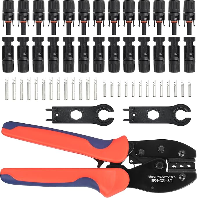 55PCS Solar Crimping Tool Kit - 1 Crimper Stripper Tool 2 PCS Spanner Wrenches 13 Pairs Solar Connectors 13 Pairs Connector Pins for for 2.5/4/6mm² Solar Panel Cable Assembly & Installation