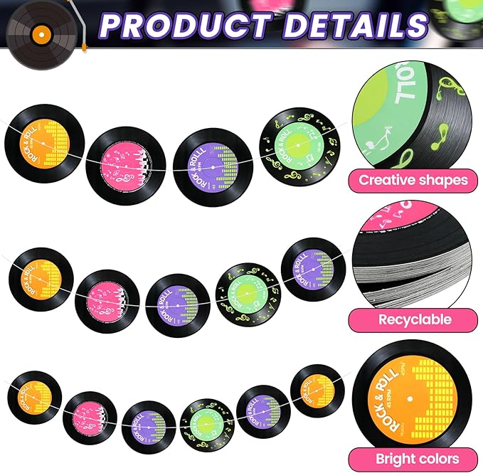 48 Pcs Vinyl Records for Stickers 3 Sizes Records wall Decor 50's Party Decorations Set Cutouts Retro Decals for Music Birthday 70/80/90s Party Artist Vintage Supplies with Adhesive Dots