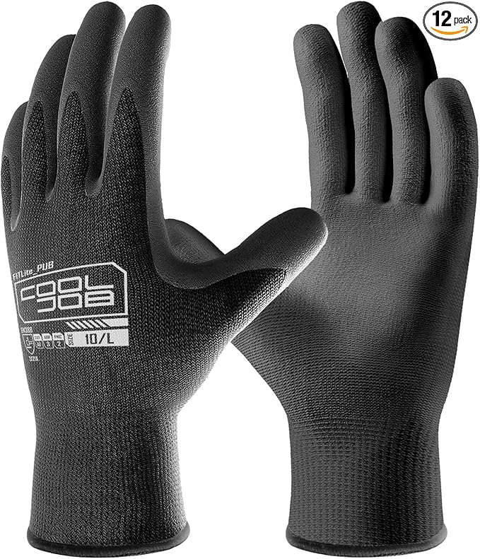 COOLJOB 12/60 Pairs Safety Work Gloves Pack Bulk with Grip PU Coating, 13 Gauge Seamless Knit Gloves with Polyurethane Dipped for Warehouse Working, Breathable Lightweight for Men Women, Black Medium
