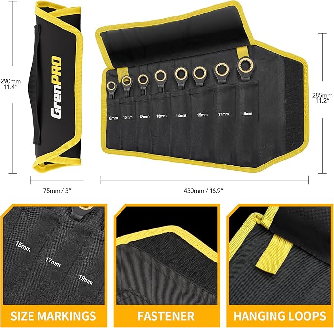 Ratcheting Wrench Set Metric And Standard, 9PC 8-19 mm 72Th Long Big Box Open End Ratchet Wrenches Organizer With Color Ring With Roll Up Pouch With 1 Gauge, Large Combination Wrench Tool Sets