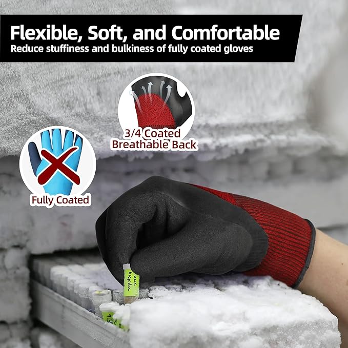 Schwer 6 Pairs Winter Work Gloves with 3/4 Double-Dipped Coating, Thermal Insulated Gloves with Grip & Abrasion Resistance, ANSI A2 Cut Resistant Warm Glove for Cold Weather, Snow, XL, CR3313