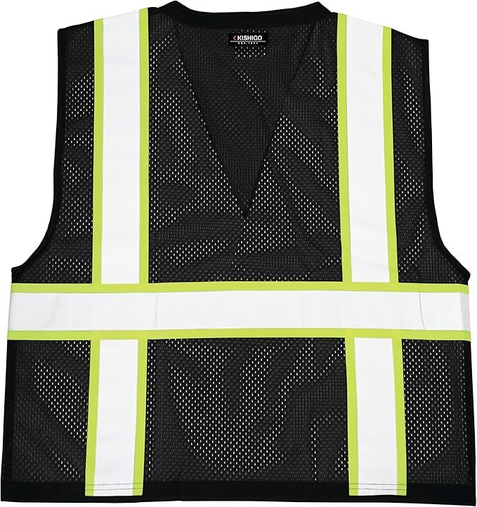 Kishigo Black Enhanced Visibility Men's Vest B100, Multi Pocket Mesh Hi-Vis Vest, Ultra-Cool Polyester, 6 Pockets, Zipper