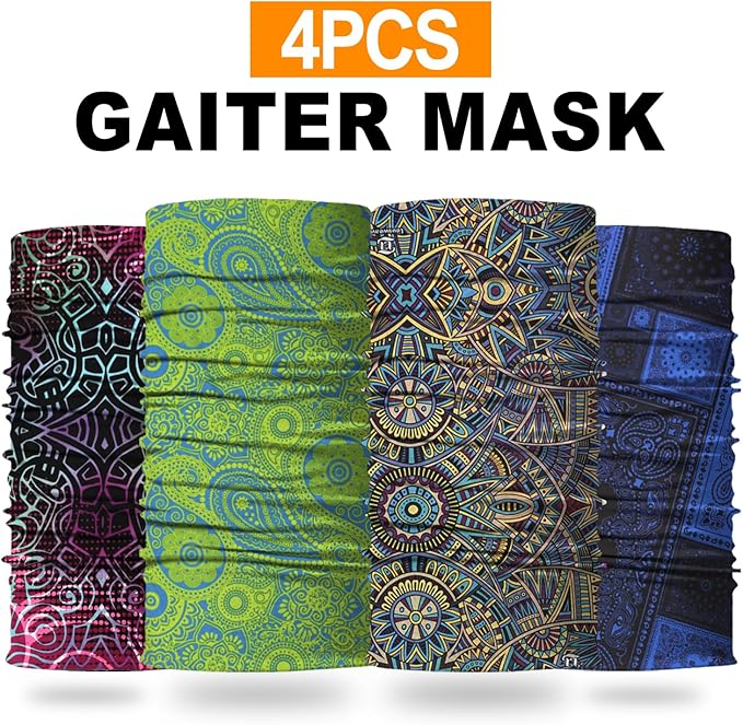 4Pack Neck Gaiter for Men Women Face Cover Mask Head Wrap Balaclava Headwear Bandana Headband Magic Scarf