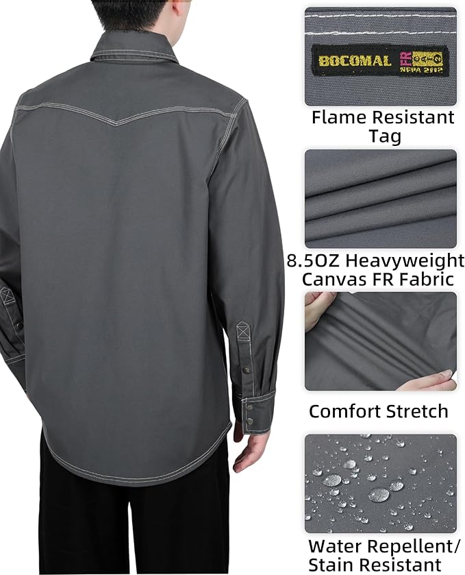 BOCOMAL FR Welding Shirts Heavyweight Stretch Canvas Snaps Down Reinforced Stitching Western Style Fire Resistant Jackets