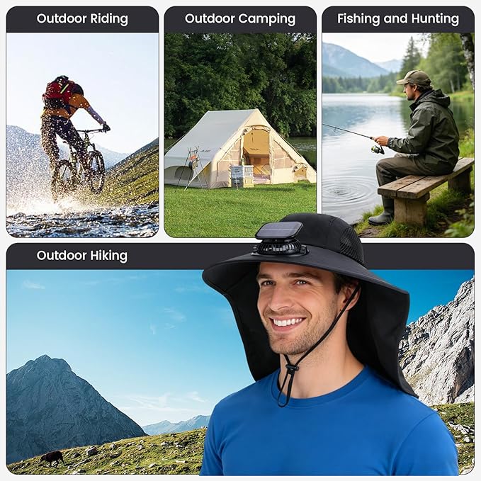 Solar Fan Hat Wide Brim Hat with Fan Sunscreene Neck Flap 3-Speed Outdoor Sun Hat for Fishing,Hiking,USB Solar Charging