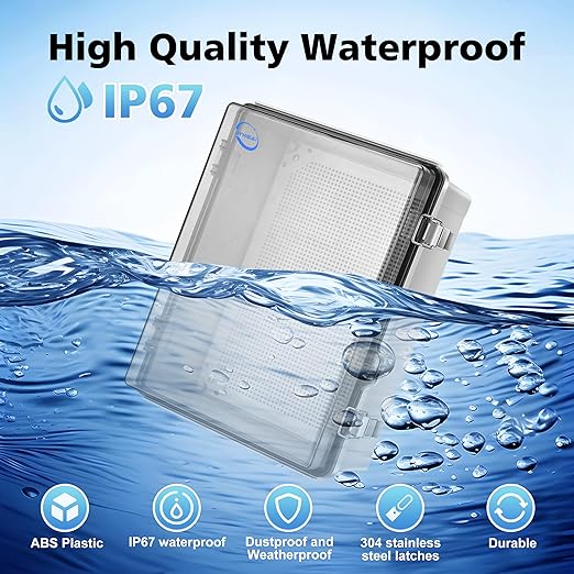 Waterproof Outdoor IP67 Junction Box(16.1"x12.2"x7.1") with Mounting Plate, Hinged Clear Cover and Wall Brackets - Weatherproof ABS Plastic Electrical Enclosure for DIY Projects(410x310x180mm)