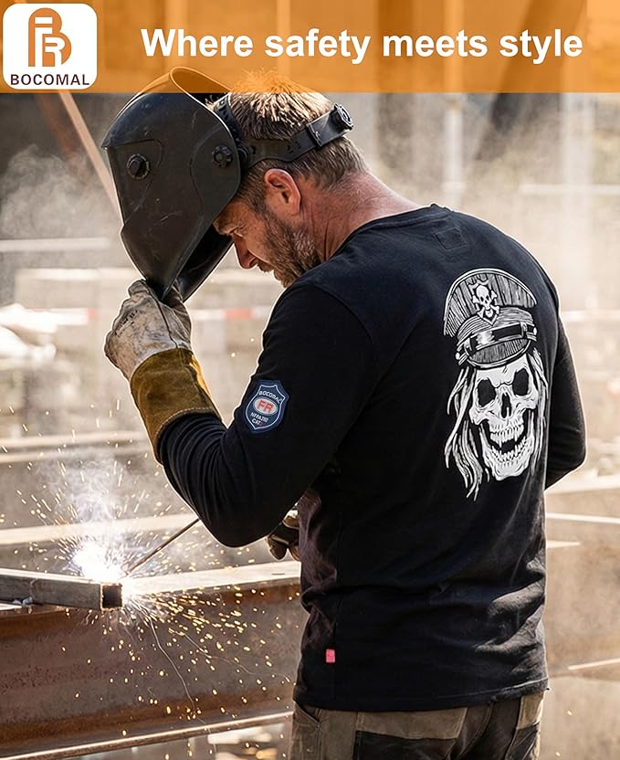 BOCOMAL FR Shirts Crewneck 7oz Midweight Flame Resistant Clothing NFPA2112 CAT2 Men's Fire Retardant Work Shirt