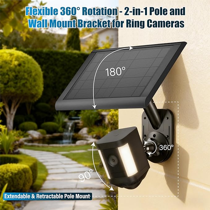 2-in-1 Wall and Pole Mount for Ring Cameras | Compatible with Ring Spotlight Cam Pro/Plus, Stick Up Cam & Solar Panels | Universal 1/4 Inch Screw for Arlo, Eufy, Wyze and More Cameras & Solar Chargers