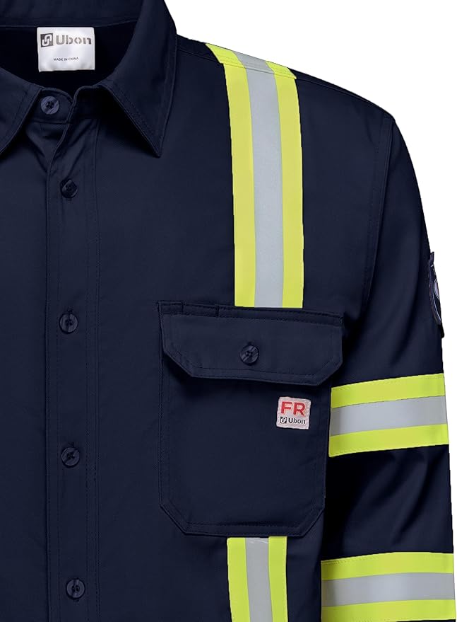 Ubon FR Shirts for Men High Visibility Welding Shirt 100% Cotton Button Down Long Sleeve Safety Workwear 6.5 oz