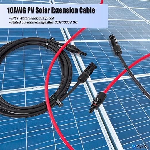 10Feet Solar Extension Cable 10Ft 10AWG (6mm²) Red & Black PV Wire Male Female Connector Adapter Gauge Wire for PV System,Roof Kits,Marine,RV,DC Solar Power Cable (10Ft 10Awg)