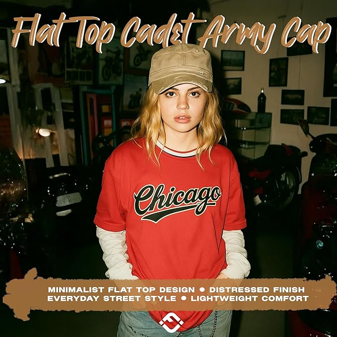 Funky Junque Distressed Military Hat – Newsboy Hats for Women, Short Brim Army Baseball Cap, Womens Cadet Hat Trendy Style