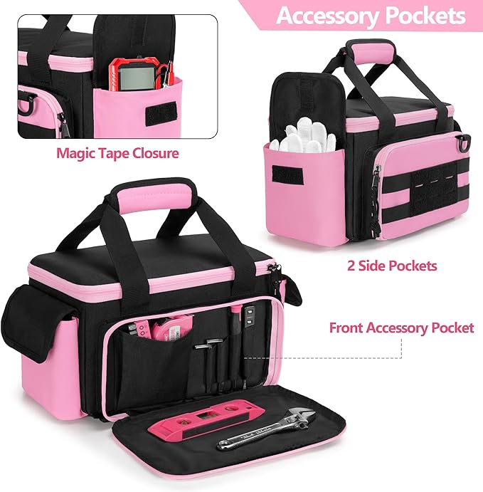 Pink Tool Bag for Women, Tool Storage Organizer with Anti-friction and Thick Padded Bottom, Tactical Range Bag, Multi-functional Work Bag for Repairman, Electrician, Carpenters, Pink