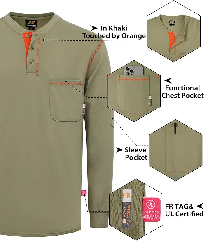 KONRECO FR Shirts for Men Long Sleeve 7oz Cotton Flame Resistant/Fire Retardant CAT2 Henley Shirt