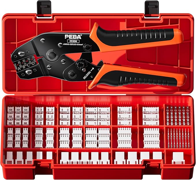 PEBA Crimping Tool and JST Connector Kit - 18 Types of 2.5 mm JST-XH Connectors & Crimp Pins, 2/3/4/5/6/7-pin JST Housings and Contacts, for DIY Electronics - Suitable for AWG 32-20 Wires