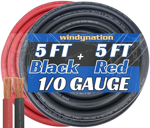 WNI 1/0 Gauge 5 Feet Black 5 Feet Red 1/0 AWG Ultra Flexible Welding Battery Copper Cable Wire - Made in The USA - Car, Inverter, RV, Solar