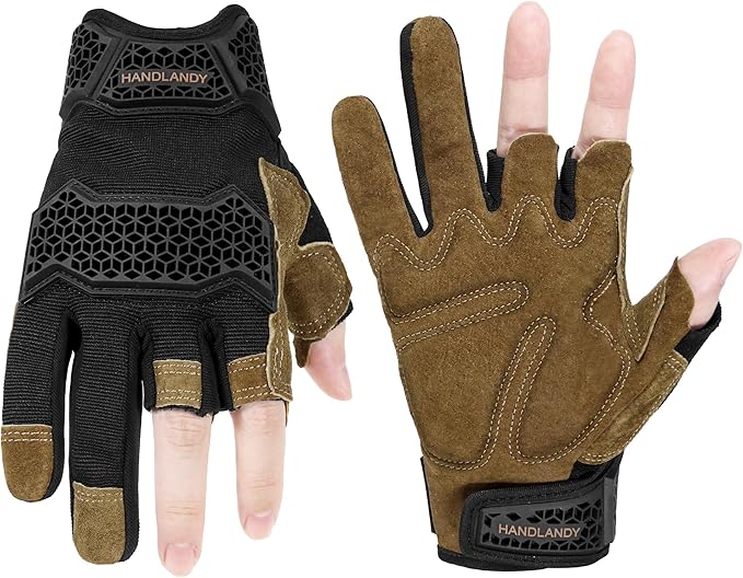 HANDLANDY Fingerless Work Gloves for Mens & Women, Uwrist Half Finger Shock-Absorbing Breathable Glove