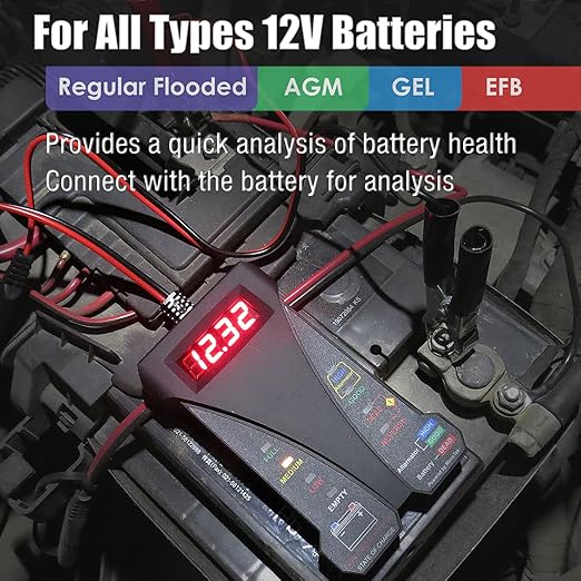 MOTOPOWER MP0514A 12V Digital Car Battery Tester Voltmeter and Charging System Analyzer with LCD Display and LED Indication - Black Rubber Paint