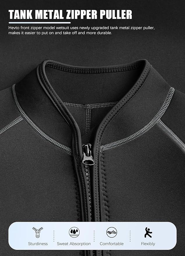 Hevto Men Wetsuit Tops and Vest 3/2mm Neoprene Jacket Surfing Swimming Front Zip Wet Suit for Water Sports