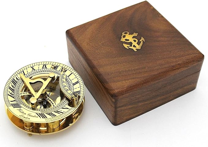 THOR INSTRUMENTS Solid Brass Sundial and Compass in Hardwood Box - Polished Brass Sundial Compass Rustic Vintage Home Decor Gifts