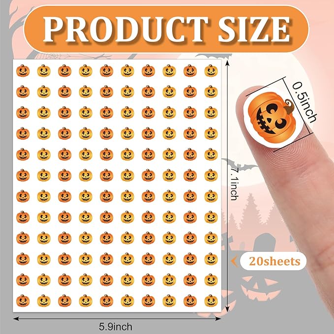 JarThenaAMCS 2400Pcs Halloween Mini Sticker Grimace Pumpkin Paper Decals Orange Jack-O-Lantern Self-Adhesive Stickers for Envelopes Scrapbook Gifts DIY, 0.5 in