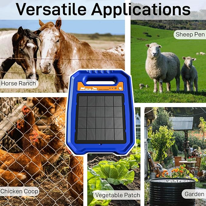 Solar Electric Fence Charger - 0.5 Joule Output up to 5 Miles, 8000V Solar Powered Fence Energizer for Livestock, Cattle and Horse, IP55 Weatherproof Controller with Day/Night Mode