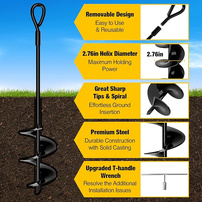 MIXC 18 Inch Heavy Duty Ground Anchors Screw in, 8 Pack Spiral Trampoline Stakes with Straps, Drill Adapter and Upgraded T-Wrench, 2.76'' Wider Blades for Swing Set, Shed, Carport, Mobile Home