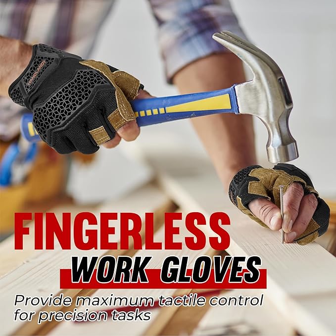 HANDLANDY Fingerless Work Gloves for Mens & Women, Uwrist Half Finger Shock-Absorbing Breathable Glove