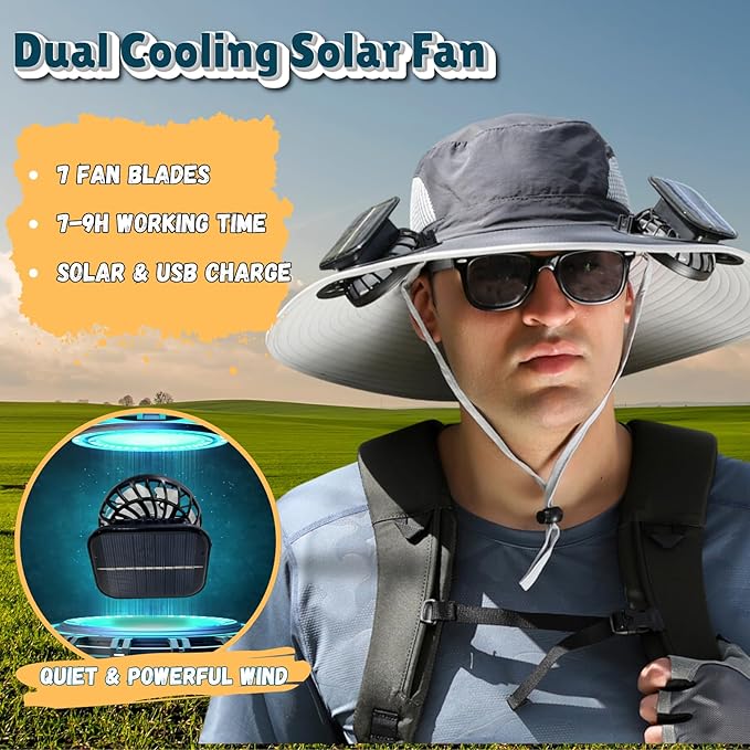 Outdoor Wide Brim Sun Hat with 2 Solar Fan Sun Bucket Hat for Men Women UPF 50+ Bucket Fishing & Beach Hat with Fan Built in