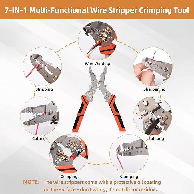 Wire Stripper Cutter Crimping Tool - 9 in 1 Wire Stripper Tool with Cutter Crimper Function AWG 22-10 Wire Cutters Pliers for Wire Splitting,Stripping,Cutting,Crimping, Clamping,Winding,Sharpening