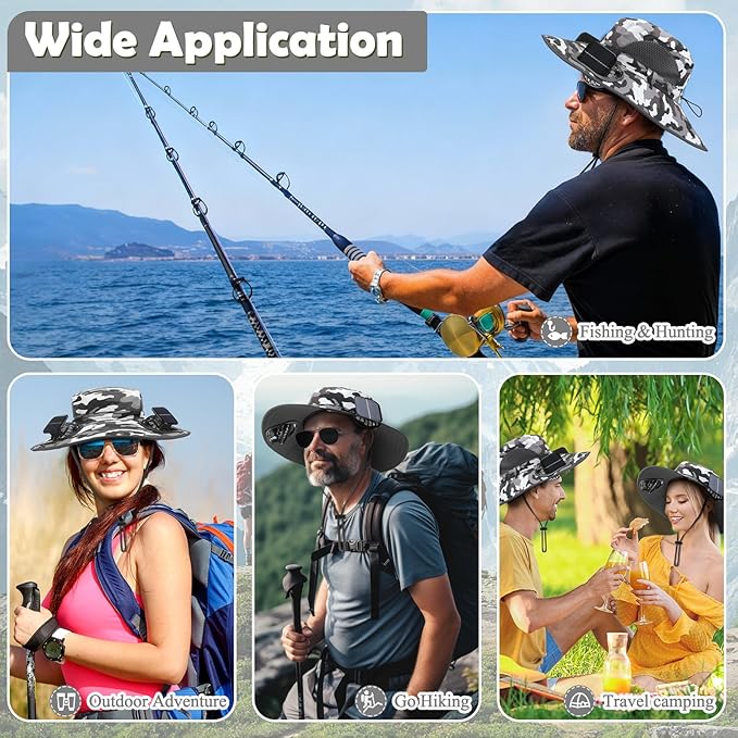 Berlune Men Sun Hat with 2 Solar Fans Wide Brim Outdoor Fishing Hat USB & Solar Powered for Sun Protection Camping Hiking