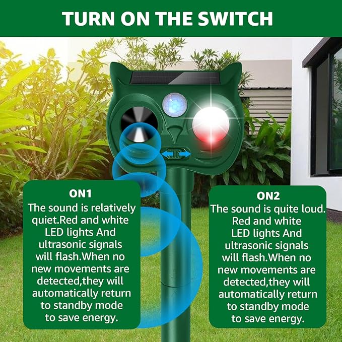 Solar Ultrasonic Animal Repellent Outdoor Motion Sensor Deer Repellent Devices Squirrel Cat Raccoon Rabbit Deterrent with Strobe Light Dual Mode, Keep Skunk Away Protection for Yard Garden Lawn 2PCS