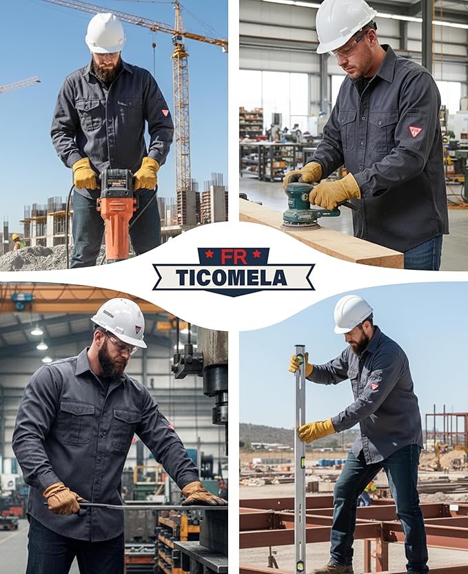 TICOMELA Men’s Mid-Weight FR Welding Shirt, 7.5oz 100% Cotton NFPA 2112 CAT2 – Flame-Resistant Button-Down Work Shirt