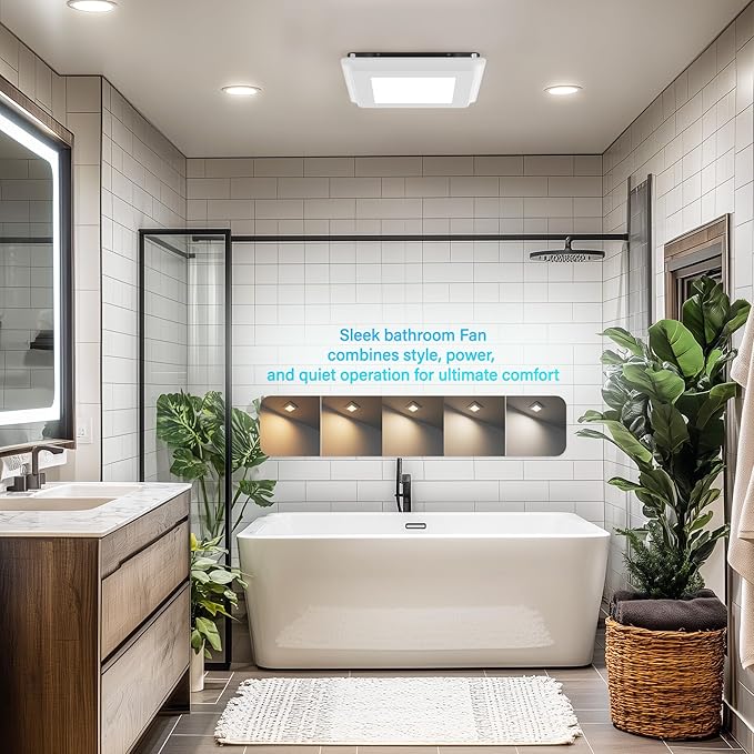 Bathroom Fan with Light and Humidity Sensor: 26W Ceiling Mount Ventilation Fan and LED Light Combo for Bathroom and Home, 100CFM, 5CCT Seletable, Dimmable & Wet Rated, ETL Certified