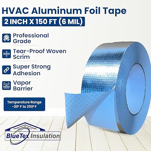 BlueTex Insulationㅤ HVAC Aluminum Foil Tape 2 inch x 150 ft (6 mil), Professional Grade Silver Duct Tape Metallic, Tear-Proof HVAC Tape, Heavy Duty, for Ductwork, Dryer Vent & Insulation - 24 Rolls