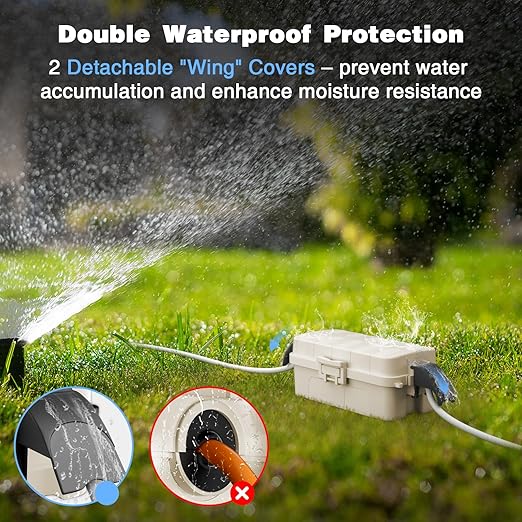 FLEMOON IP55 Outdoor Electrical Box Waterproof with Detachable Awning Covers, 8.3 x 4.1 x 3.7 inch Weatherproof Extension Cord Cover, Easy Installation for Outdoor Plug, Outlet, String Lights, Almond