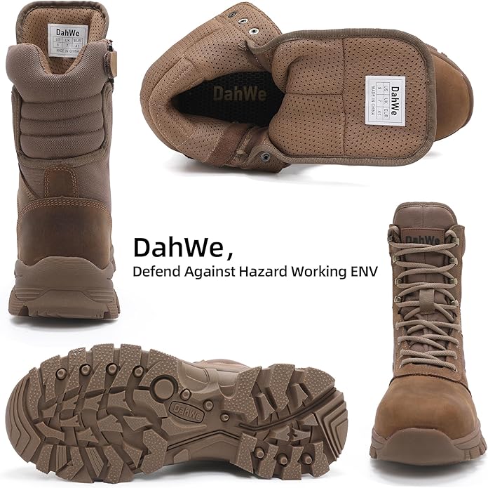 DahWe Men's Steel Toe Work Boots with Side Zipper 8 inch Lightweight Comfortable Indestructible Puncture Proof for Industrial Construction Warehouse Roofing Logger Riding Safety
