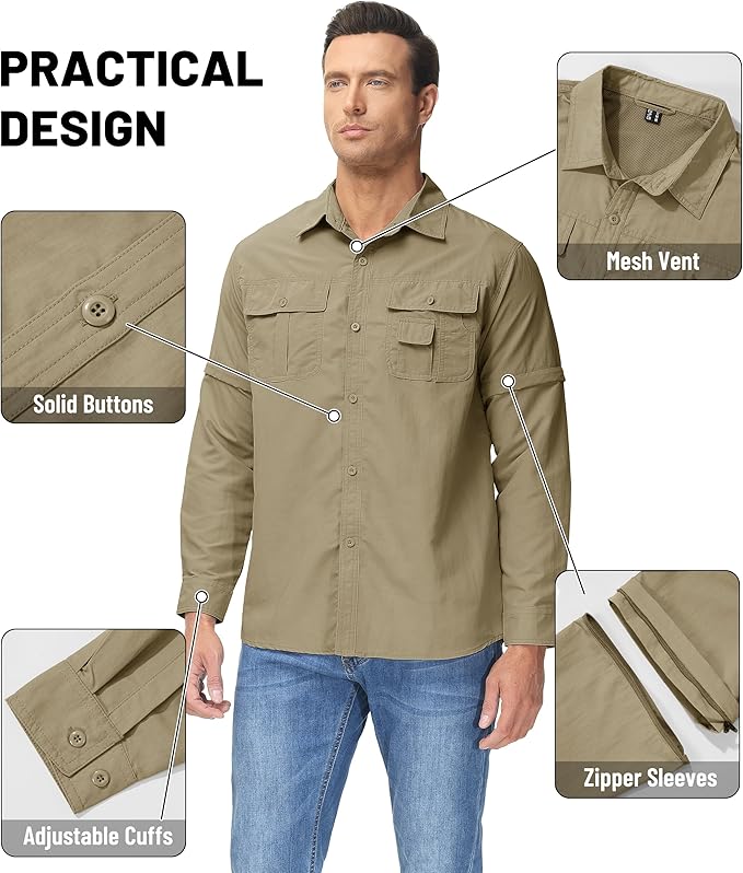 TACVASEN Men's Convertible Long Sleeve Fishing Shirts Lightweight Quick Dry Button Up Tactical Sun Shirts for Safari Hiking