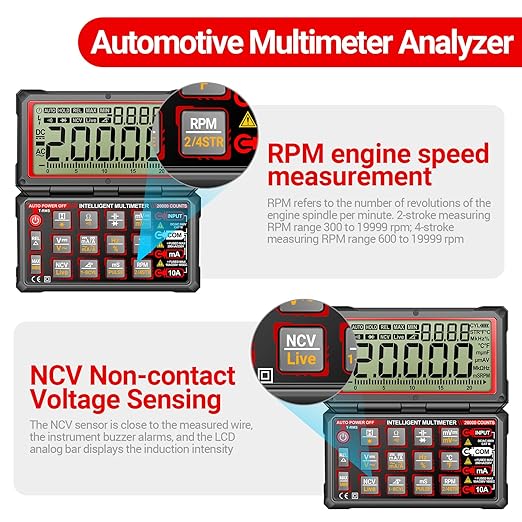 ANENG Multimeter,20000 Counts Digital Rechargeable Automotive Engine Analyzer with 300-19999RPM Tach,Dwell Angle,Duty Cycle,AC/DC Current,Voltage,Amp,Ohm,Flip LCD,Data Hold Tester for Car Diagnostics