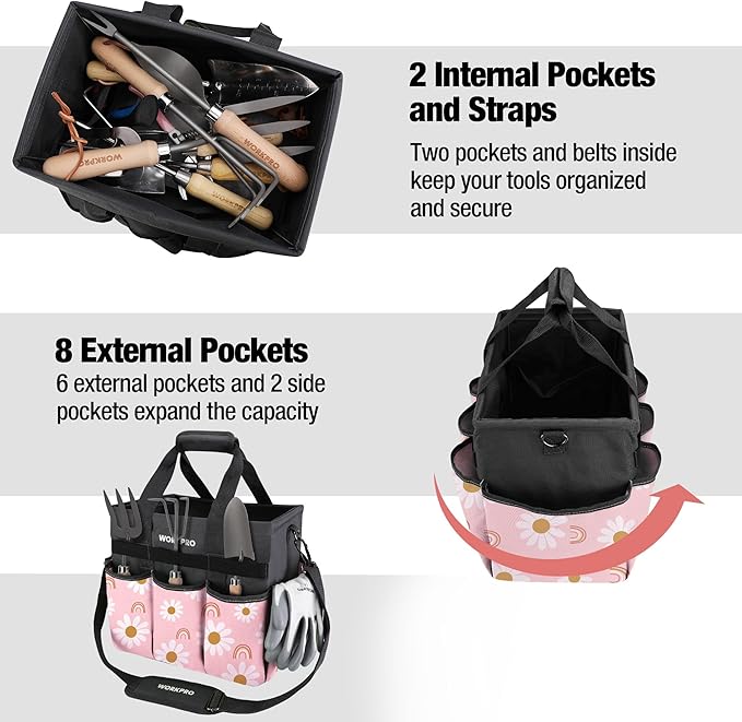 WORKPRO Garden Tool Bag Organizer, Heavy Duty Gardening Tote Bag with 10 Pockets and Long Adjustable Shoulder Strap, Standable Garden Home Tool Kits Organizer, Floral Pink (Tools are not included)