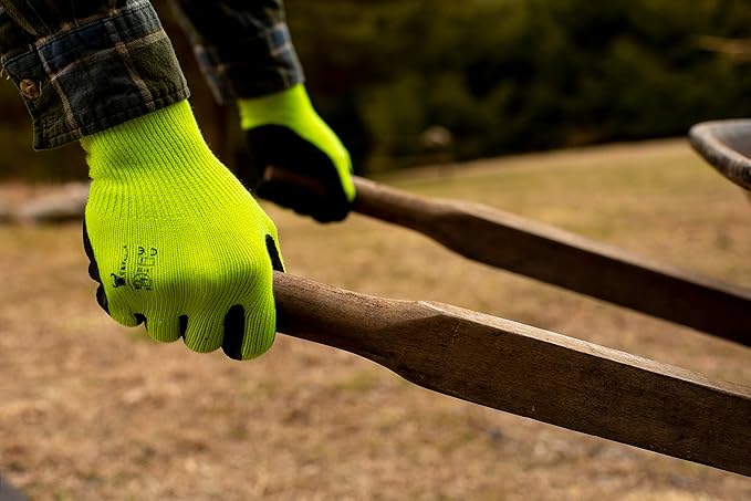 G & F 1516 12 Pairs Pack Premium High Visibility Low emissions Green Work and gardening Gloves for Men and Women.MicroFoam Textured Coated Palm and Fingers Gloves for Gardening Work,Size Large,Green