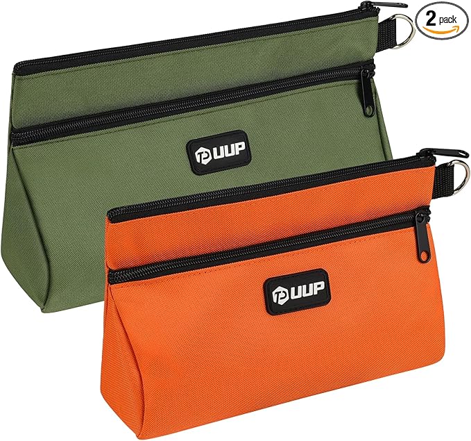 12 10" Small Tool Pouch 2 Pack, Zipper Tool Bag 2 Compartments, Utility Hand Bag with D-Ring, Toolbox Organization, Screwdriver Dril Storage Tool Box, Mechanic Men Dad Gifts, Orange/Green