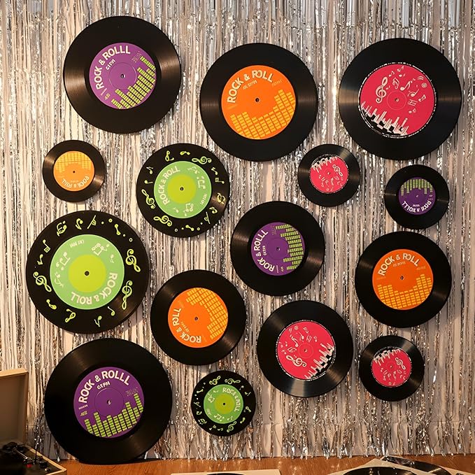 48 Pcs Vinyl Records for Stickers 3 Sizes Records wall Decor 50's Party Decorations Set Cutouts Retro Decals for Music Birthday 70/80/90s Party Artist Vintage Supplies with Adhesive Dots