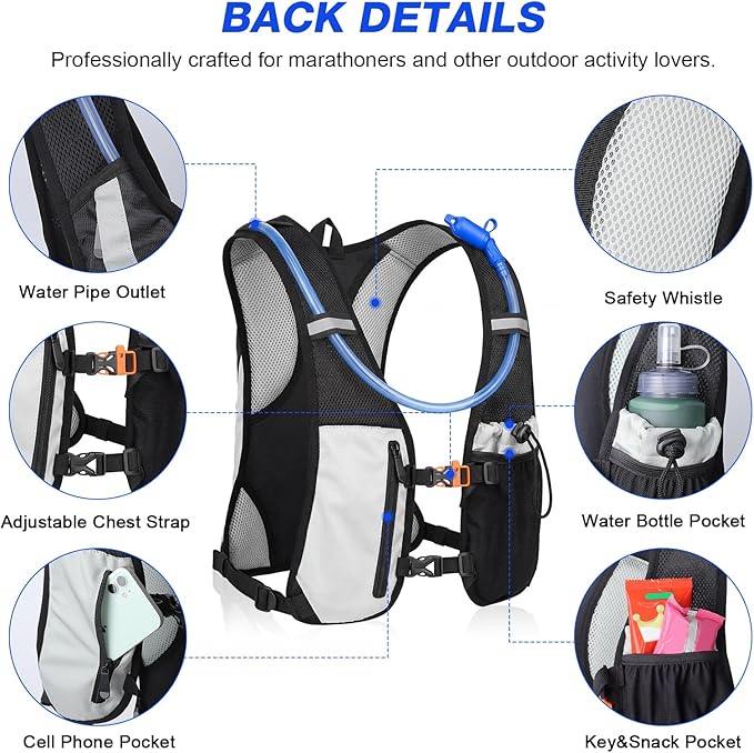 KUYOU Running Hydration Vest - Lightweight Insulated Hydration Backpack with 2L Water Bladder, Adjustable Chest Straps and Reflective Water Backpack for Running Marathon Race Hiking Cycling
