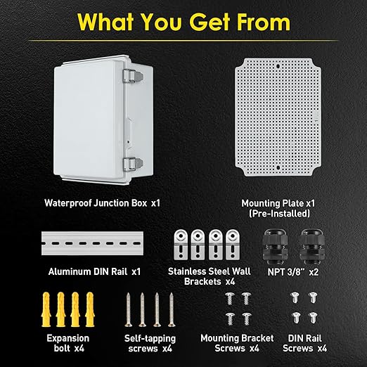 Waterproof Electrical Junction Box Outdoor, IP67 Plastic Weatherproof Electrical Enclosure for WiFi Electronics, with Aluminum DIN Rail, Mounting Plate, Wall Brackets (8.7''x6.7''x4.3)